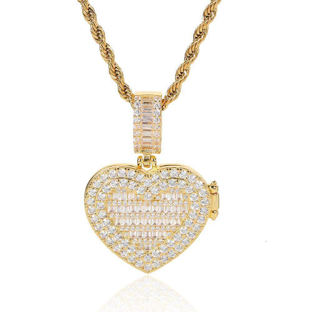 Hip Hop Small Flip Cover Heart Pendant Copper Inlaid Zircon Trendy Brand Personality Photo Frame Men's Necklace 04b2
