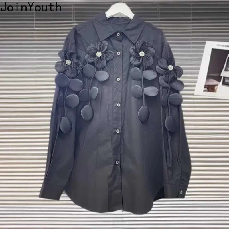 2025 Women Clothing White Long Sleeve Blouses Fashion 3D Floral Loose Shirts Camisas De Mujer Casual Sweet Korean Blouse Tops