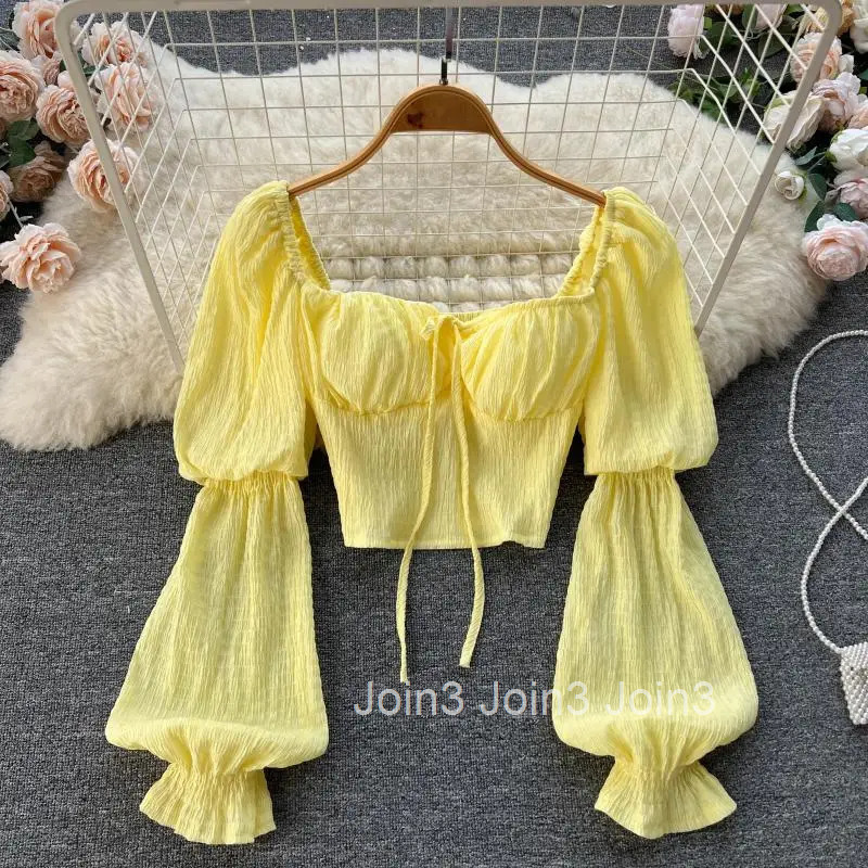 Summer Crop Tops Fashion Blouse Women 22024 Blusas Mujer De Moda Square Collar Puff Sleeve Bandage Tunic White Blouses Shirts