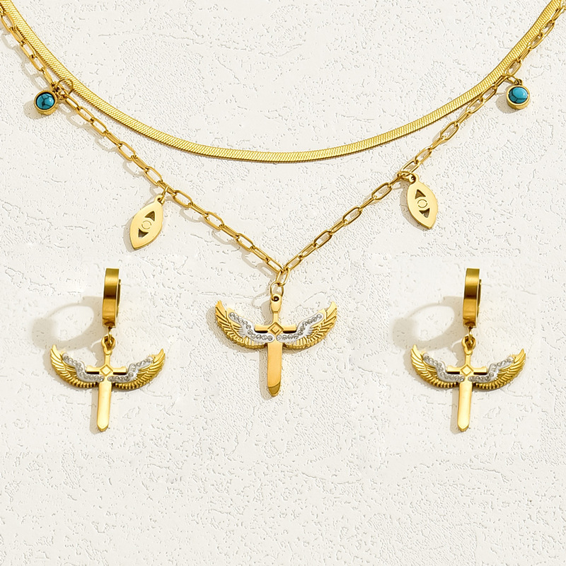 Unique Earrings And Necklace Set With Zircon Inlay, Double Layer Design, Long Clavicle Chain