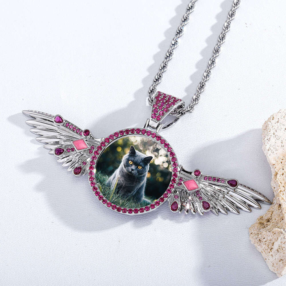 Hip Hop Personality Pendant Copper Inlaid Zircon Wings Retractable DIY Creative Photo Necklace Jewelry
