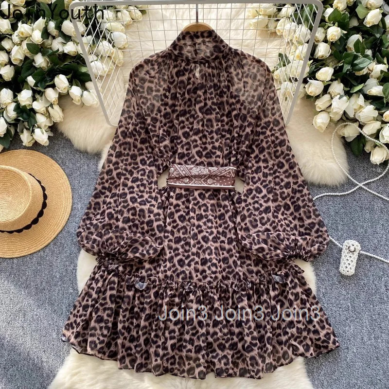 Summer Dress Women Clothing 2025 Vestidos De Mujer Slim Waist Bandage Lantern Sleeve Robe Femme Leopard Print Gauze Sexy Dresses