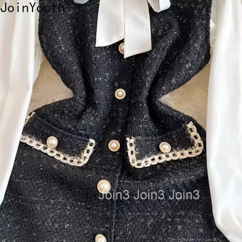 Dresses Outfits Korean Vintage Two Piece Sets Womens Clothes Bandage Bow Long Sleeve Shirt Woolen Sleeveless Plaid Dress Suit