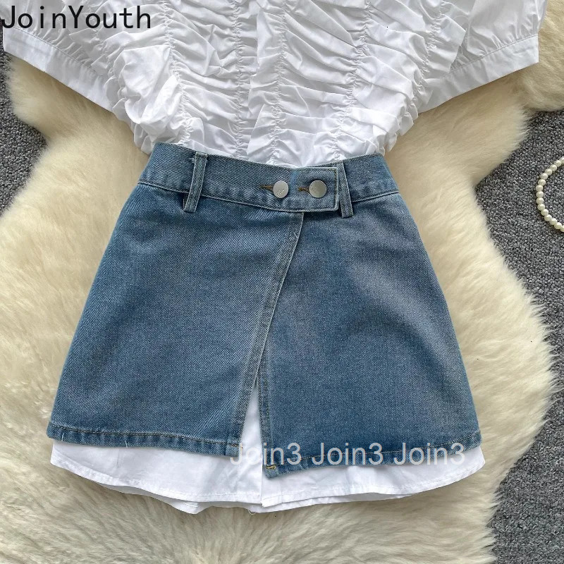 Korean Women Clothing Two Piece Sets Denim Skirt Outfits Folds White Blouses Bodycon Mini Skirts Suit Fashion Casual Summer Set