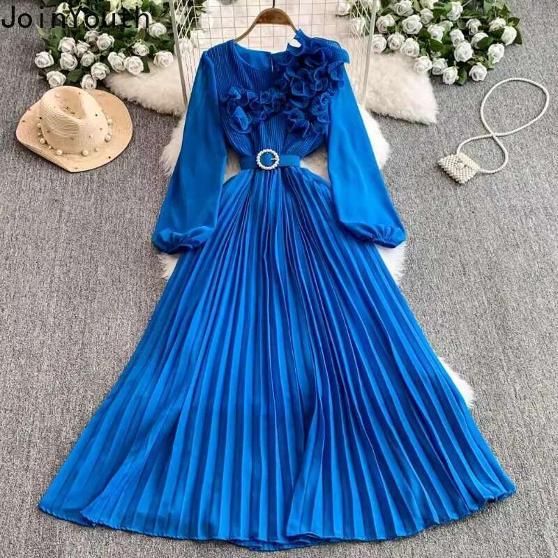 2025 Vestidos De Mujer Vintage Woman Dress Long Sleeve 3D Floral Slim Waist Temperament Robe Femme Elegant Pleated Maxi Dresses