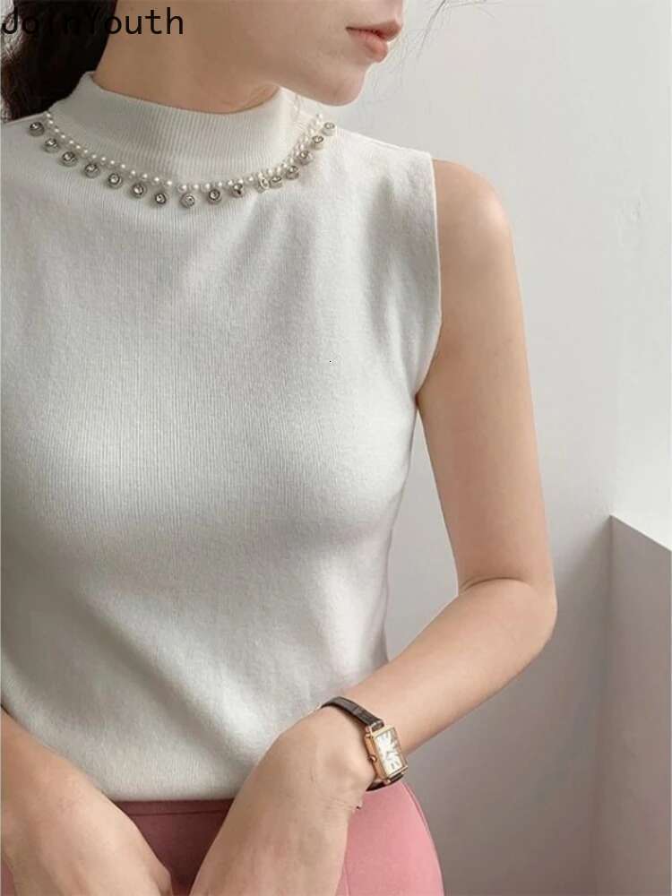 Women Clothing Temperament Vest Beading O-neck Sleeveless Tunic Camis Ropa Mujer Knitting Crop Tops Fashion Korean Tanks 63c215