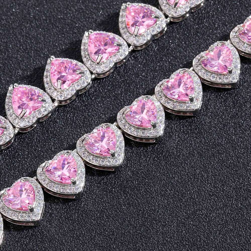 Ins 10mm Heart Micro-Paved Pink Zircon Necklace Personality Sweet Women's Hip-Hop Accessories 318a