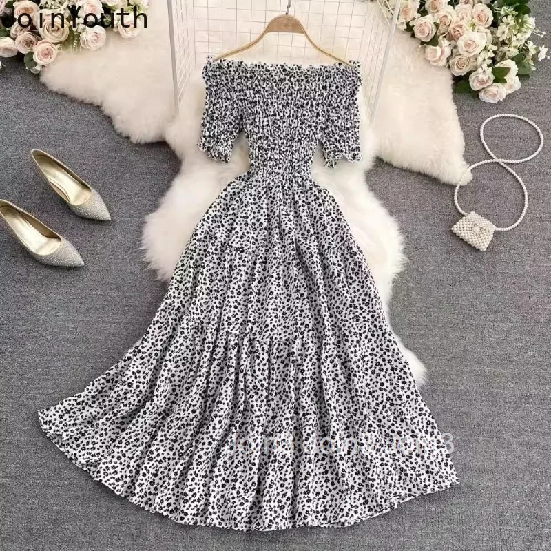 Summer Woman Dress Vestidos De Mujer Slim Waist Short Sleeve Big Swing Robe Femme Slash Neck Folds Floral Chiffon Maxi Dresses