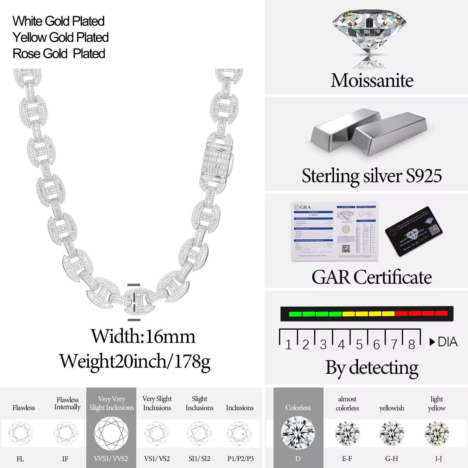 Hot Sale 16mm Baguette Link Chain 925 Sterling Silver Necklace VVS Mossanite Necklace Iced Out Cuban Necklace for Men