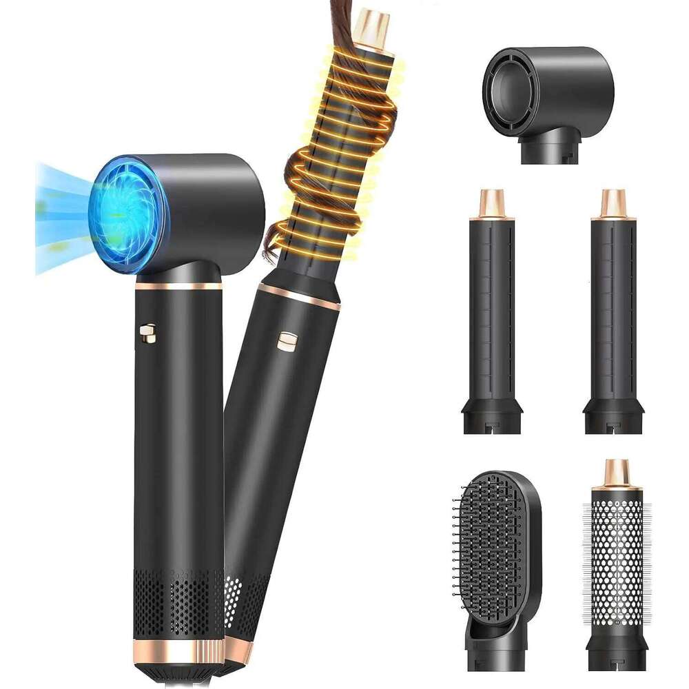 5 In 1 Hot Air Comb Professional Curling Iron Straighten High Speed Hair Dryer Volumizing With Detachable Attachments