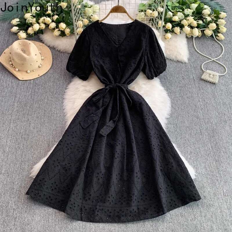Summer Womens Dress V-neck Puff Sleeve Slim Waist Robe Femme Hollow Out Bandage Vintage White Dresses 2025 Vestidos De Mujer