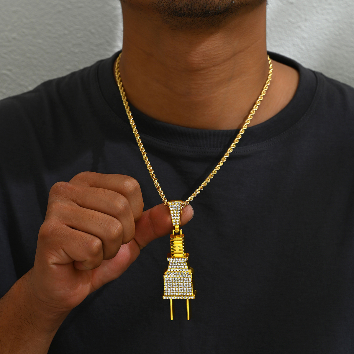 Fashion Trend Men's Necklace Personality Power Plug Pendant Cuban Chain New Exaggerated Choker