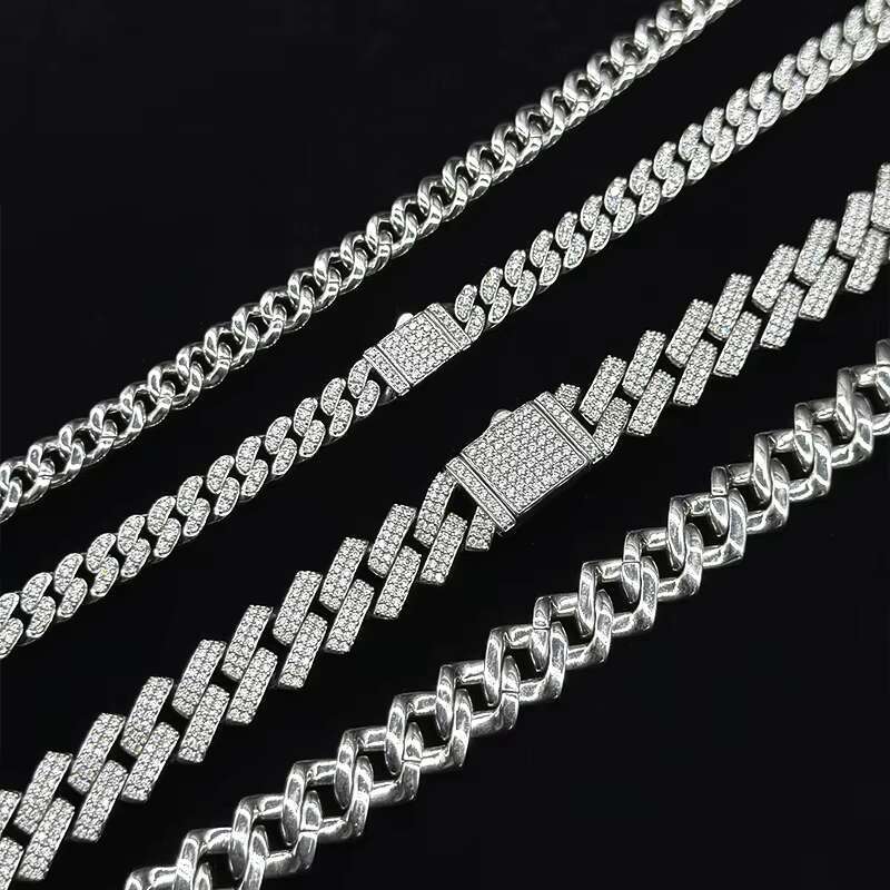 Cuban Link Chain 6mm-14mm S925 Sterling Silver Rhodium Plated VVS D Color Moissanite Bracelet Necklace Cuban Style Link Chain