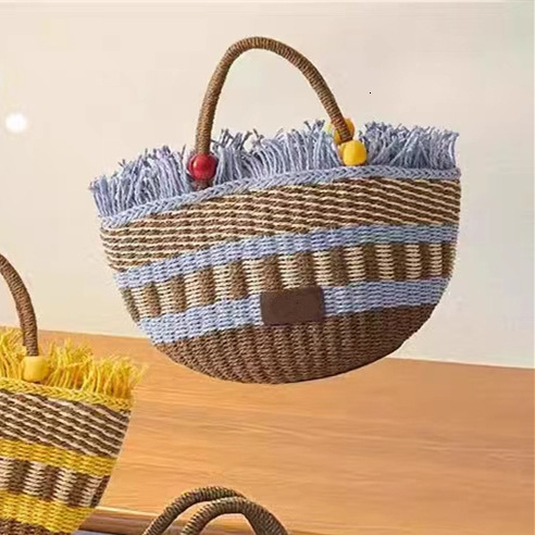 New Straw Designer Shoulder Bag Women's Free Shipping Picnic Basket Tassel Wood Bead Decoration Cute Handbag Bucket Bag Gift