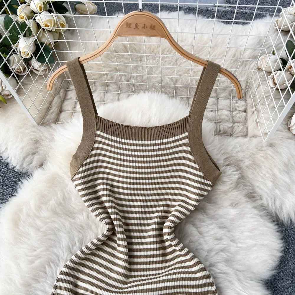 Summer Knit Beach Dress Ladies Spaghetti Strap Backless Slim Elastic Sundress Fashion Korean Striped Short Mini Sexy 250616