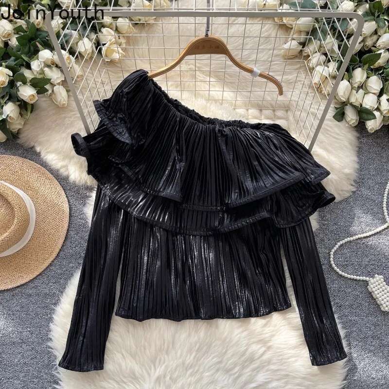2025 Blusas Mujer De Moda Sexy Blouses for Women Long Sleeve Off Shoulder Shirts Ruffles Loose Pleated Temperament Tops Female