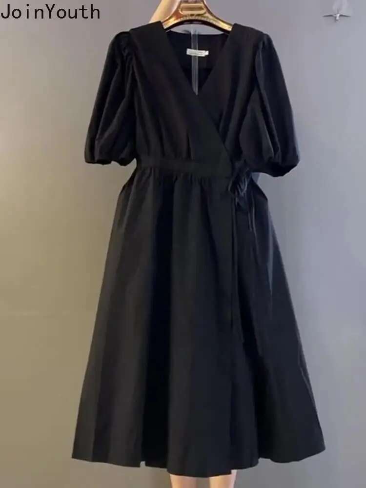 Vintage Dresses for Women Loose Temperament Robe Femme V-neck Puff Sleeve Bandage A-line Summer Dress 2025 Vestidos De Mujer