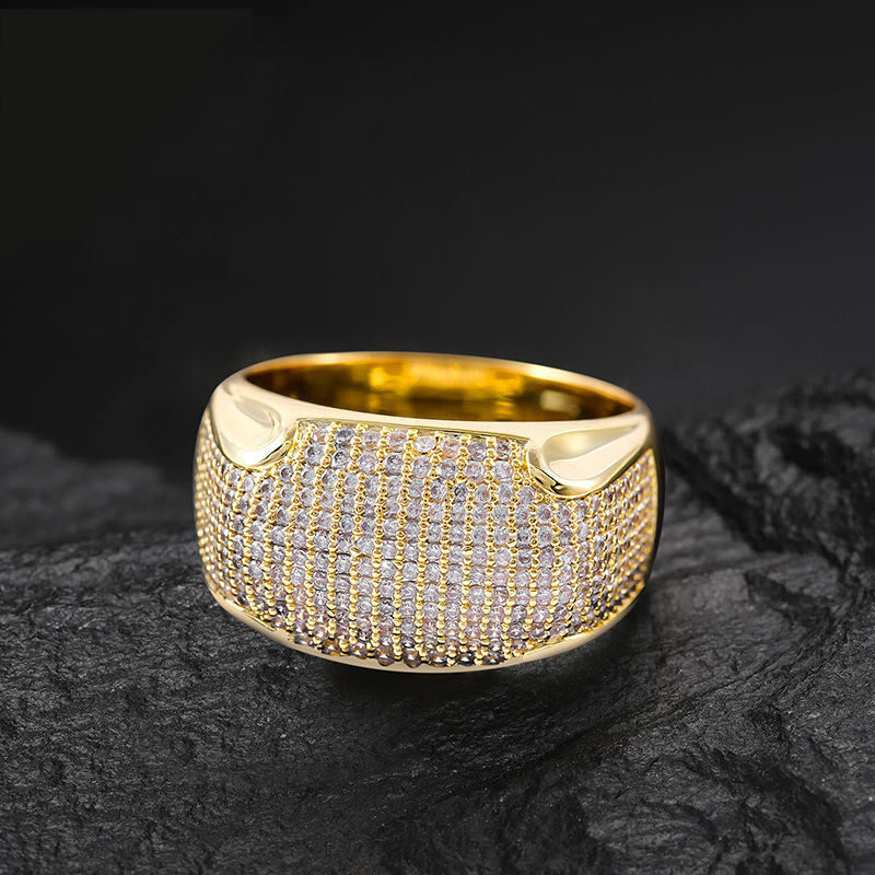 Luxury Jewelry Gold Full Diamond Pave Ring Pass diamond testing Personalized Hip Hop Streetwear Light Luxury Minimalist Bold Finger Ring
