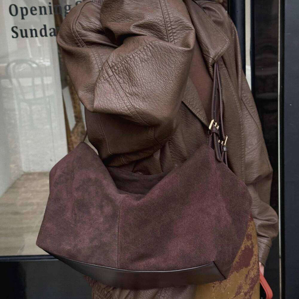 Motingsome Natural Suede Leather Women Boston Bags Roomy Pillow Matte Cowhide Bag 2024 New Crossbody Retro Tote