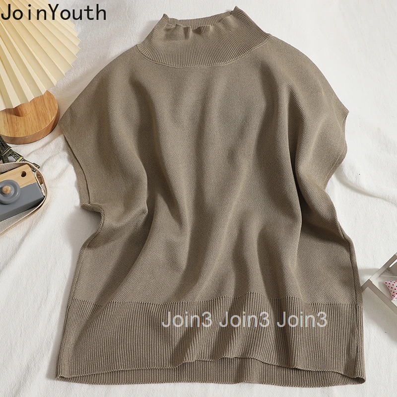 Knitted Tshirts Women Clothing Half High Collar Sleeveless Solid Color Tees Fashion Korean Camisetas Loose Summer T-shirt Tops