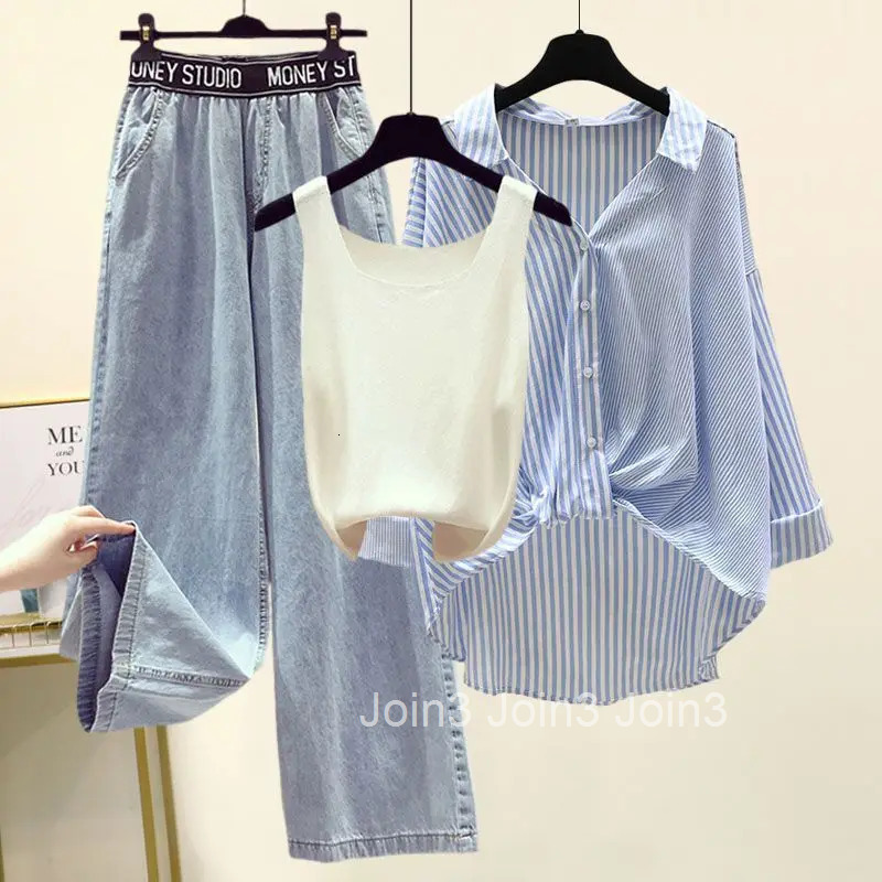 Oversized Clothes Fashion 3 Piece Sets Women Striped Blouses Knit Vest High Waist Striped Wide Leg Pants Outfitd Casual Set