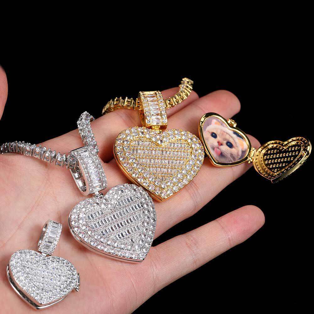 Hip Hop Small Flip Cover Heart Pendant Copper Inlaid Zircon Trendy Brand Personality Photo Frame Men's Necklace 04b2