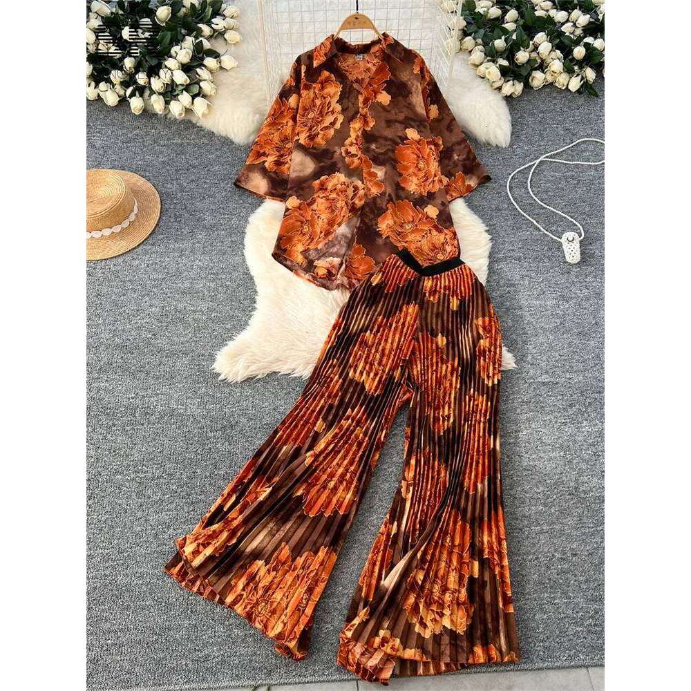 Designer Leisure High Quality SINGREINY Spring Print Two Pieces Suits Single Breasted Turn-down Collar Tops+Pleated Long Pants Women Streetwear Casual