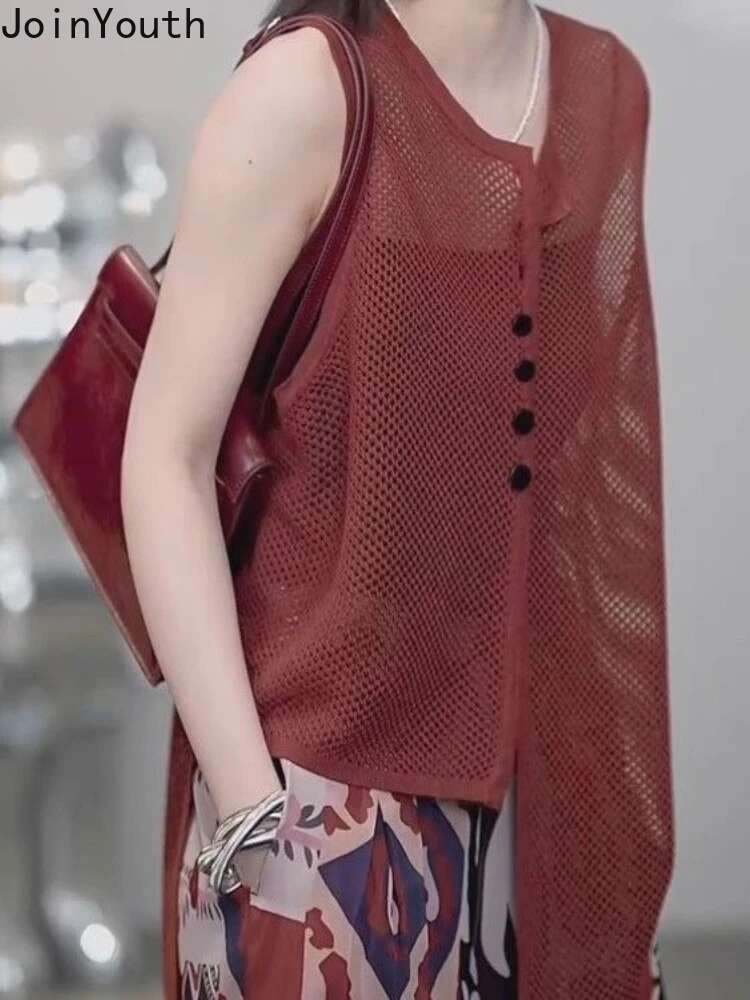 Summer Tanks Women Clothing Fashion Korean Waistcoats Thin Irregular Hollow Out Vest Coats Ropa Mujer Vintage Oversized Tops