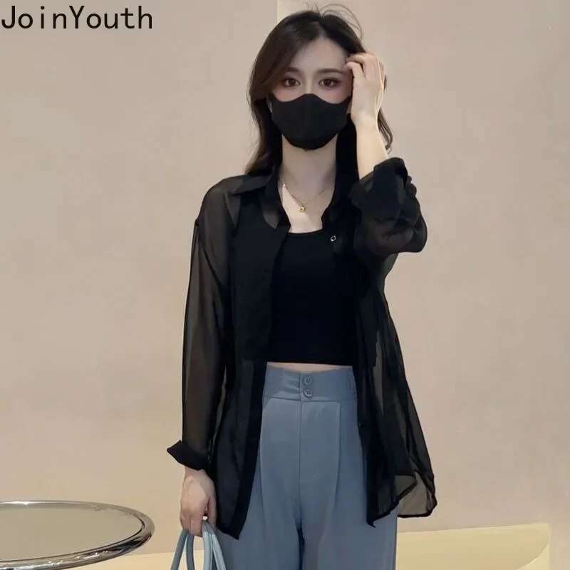 Summer Long Sleeve Blouses for Women Fashion Chiffon Temperament Lady Tops 2025 Blusas Mujer De Moda See Through Chiffon Shirts