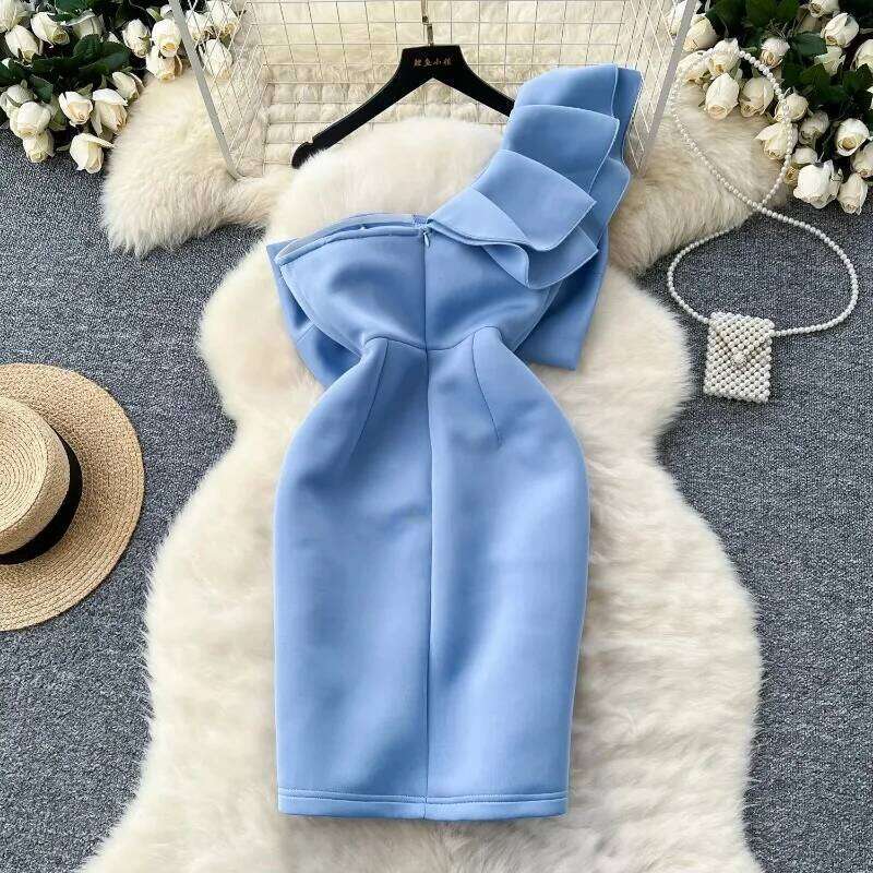 Women Diagonal Collar Vintage Ruffle Sleeve Elegant Butterfly Three-Dimensional Floral Slim Dresses Evening High Street Clothing