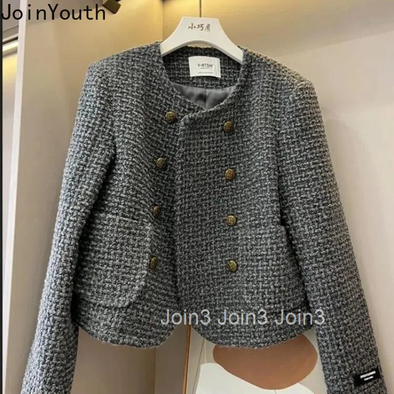 Temperament Ladies Tops Vintage Tweed Jackets Women Clothing O-neck Long Sleeve Double Breasted Crop Coat 2025 Ropa Mujer 27s493