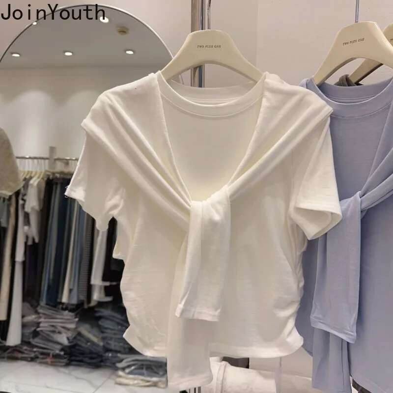 Chic Fake Two Tshirts Women Clothes Fashion White Camisetas 2025 Ropa Mujer Bandage Casual Folds Summer T-shirt Tops Korean Tees