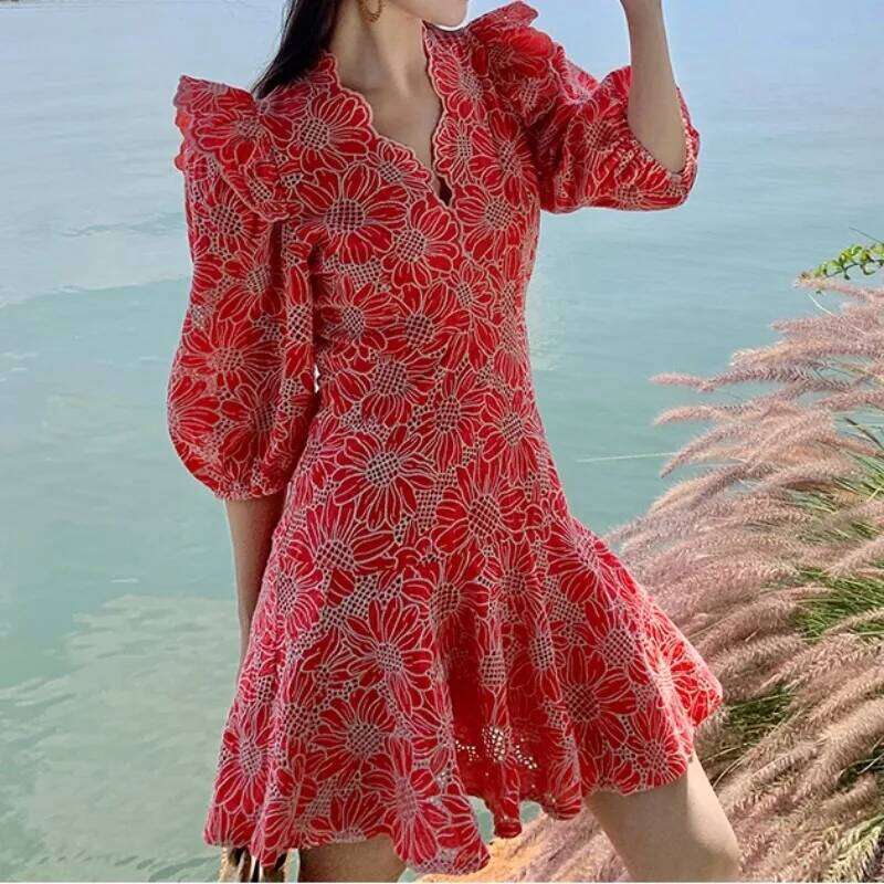 Retro V Neck Lantern Short Sleeves Embroidered Elegant Summer Slim Dresses A-Line French Vacation Print Women Clothing