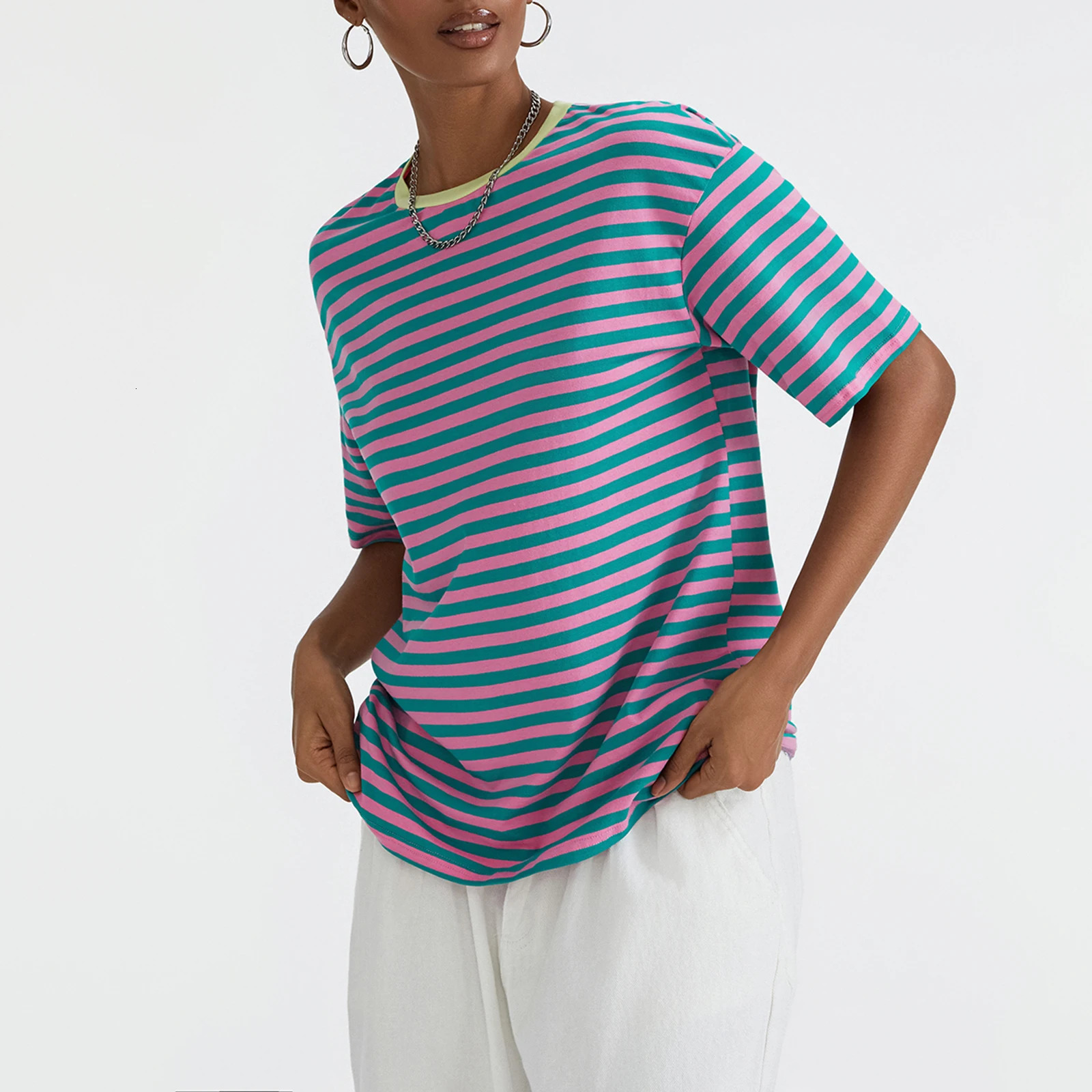 Puloru Summer Striped Loose T-Shirts Womens Oversized Short Sleeve Crew Neck Casual Tops for Street Daily Basic Pullovers 250619