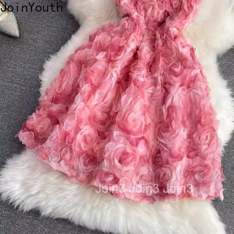 Sweet Dress for Women Temperament Sexy Sling Robe Femme 2025 Vestidos De Mujer Slim Waist 3D Floral A-line Summer Dresses 27v839