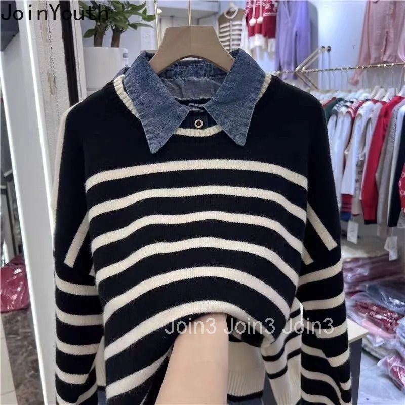 Japanese Patchwork Denim Jumper Fashion Pullovers Women Clothing Sueter Mujer Casual Striped Knitted Sweater Fake Two Y2k Tops
