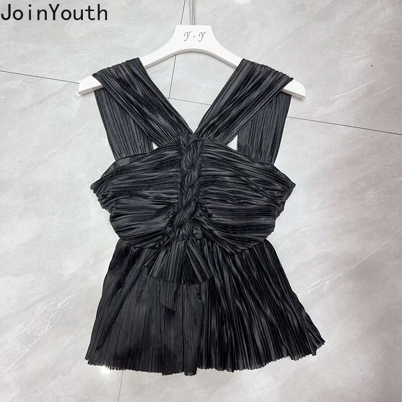 Satin Pleated Sling Vest Women Clothes Slim Fit Sleeveless Temperament Tops Korean Tees Chic Summer Tanks Backless Folds Camis