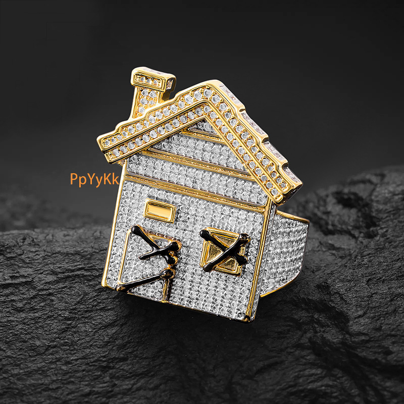 Luxury Designer Brand Jewelry Moissanite Full Diamond House Shape Ring Hip Hop Through diamond testing