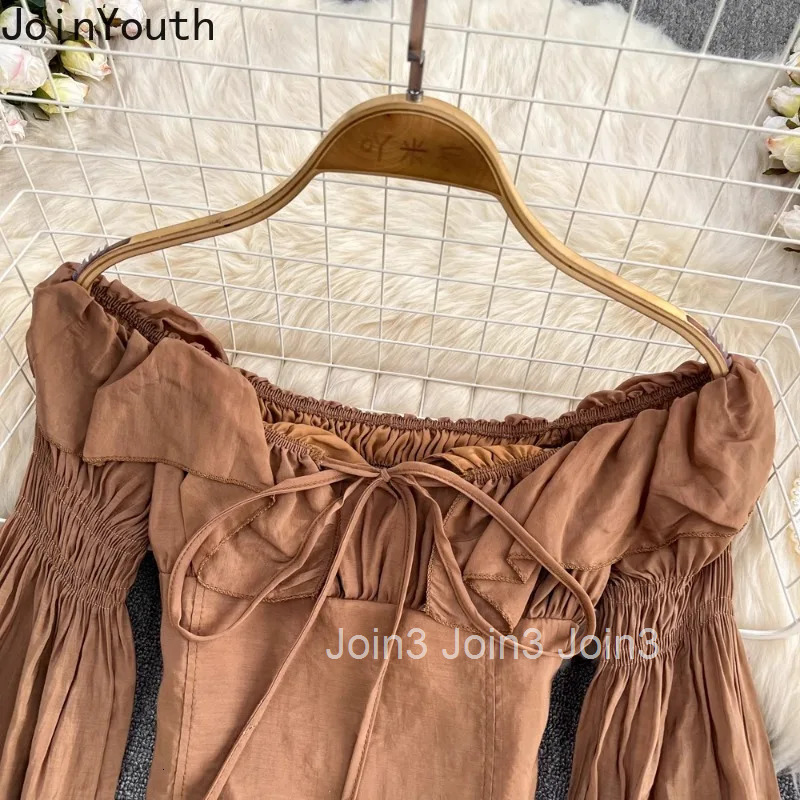 Crop Tops Solid Color Sexy Blouses Womens Clothing 2025 Blusas Mujer De Moda Slash Neck Flare Sleeve Bandage Chic Blouse Shirts