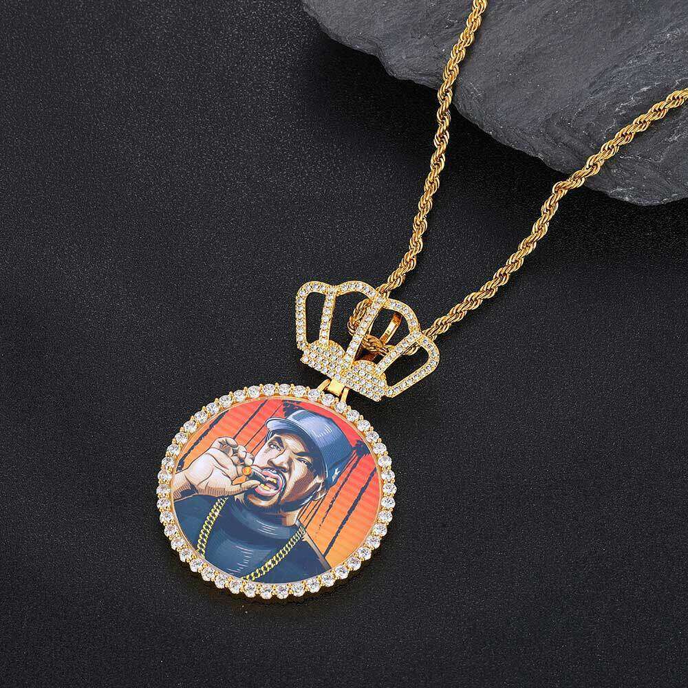 Hip Hop Crown Large Round Personality Pendant DIY Creative Photo Frame Zircon Men's Necklace a680