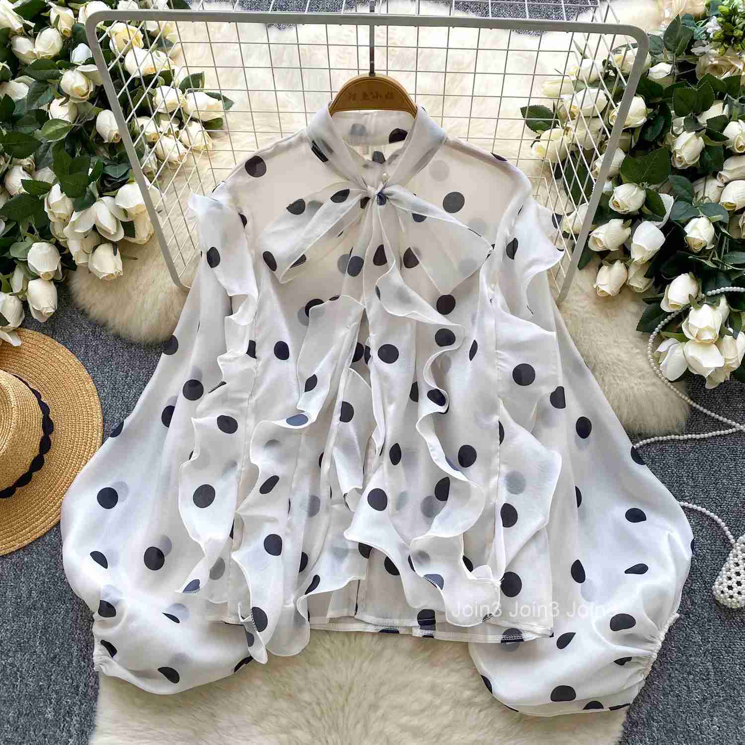Vintage Blouse for Women 2025 Blusas Mujer De Moda Bandage Bow Lantern Sleeve Polka Dot Shirts Ruffles Chic Summer Blouses Tops