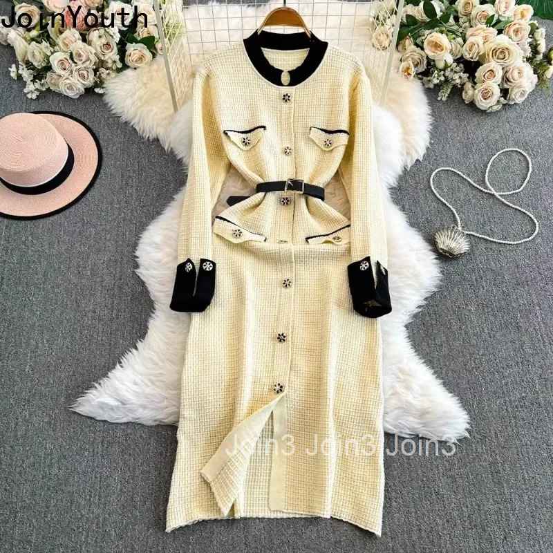 Vintage Knit Dress for Women High Waist Elegant Fashion Korean Vestidos De Mujer Bodycon Robe Femme Long Sleeve Bandage Dresses