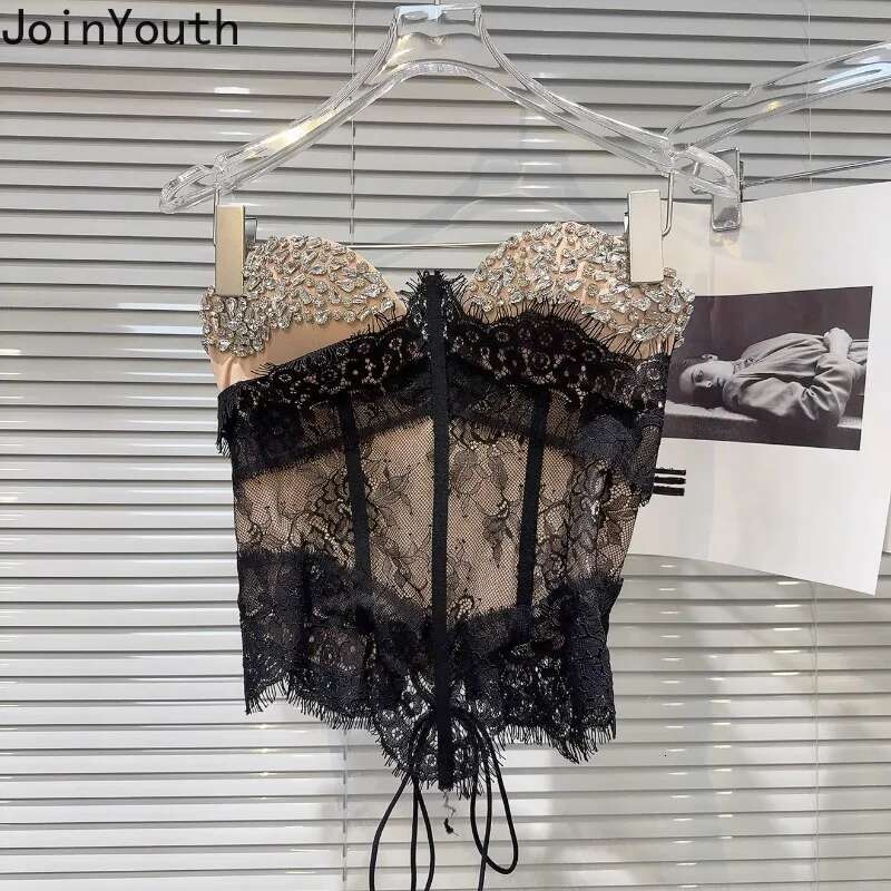 Fashion Tanks Women Heavy Diamond Slim Waist Tees Patchwork Lace Bandage Sexy Vest Crop Tops Backless Y2k Camis 2025 Ropa Mujer