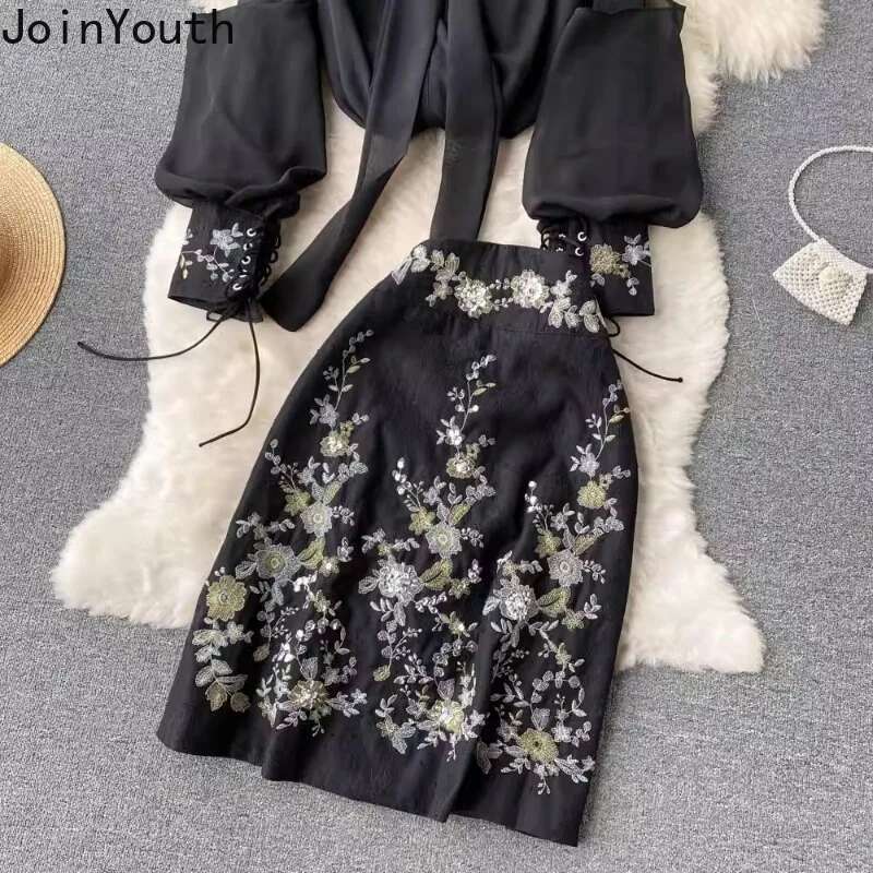 Womans Clothes for 2025 Two Piece Sets Badage Bow Shirts High Waist Bodycon Embroidery Skirt Outfits Roupas Femme Vintage Set