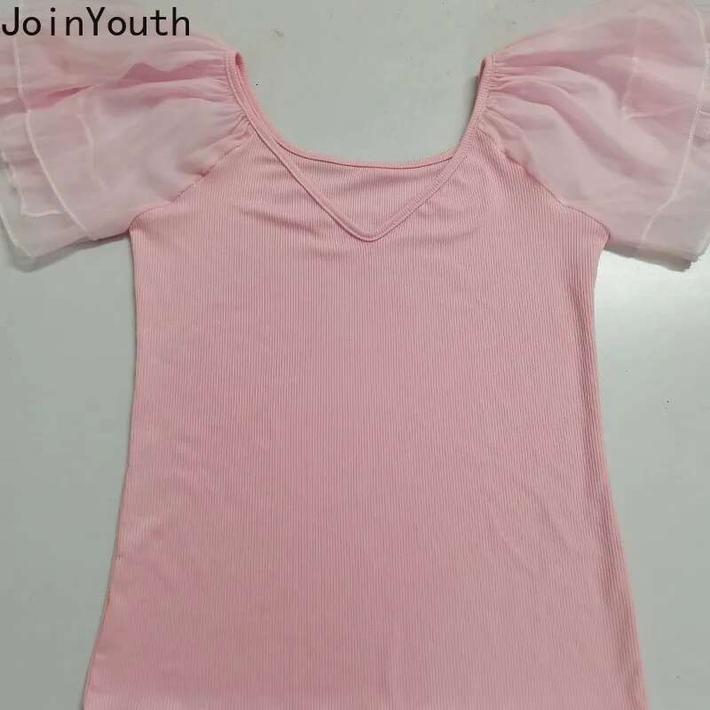 Summer Woman T Shirts V-neck Puff Sleeve Tuic White Tees Crop Tops 2025 Ropa Mujer Fashion Korean Knit Thin Temperament Tshirts