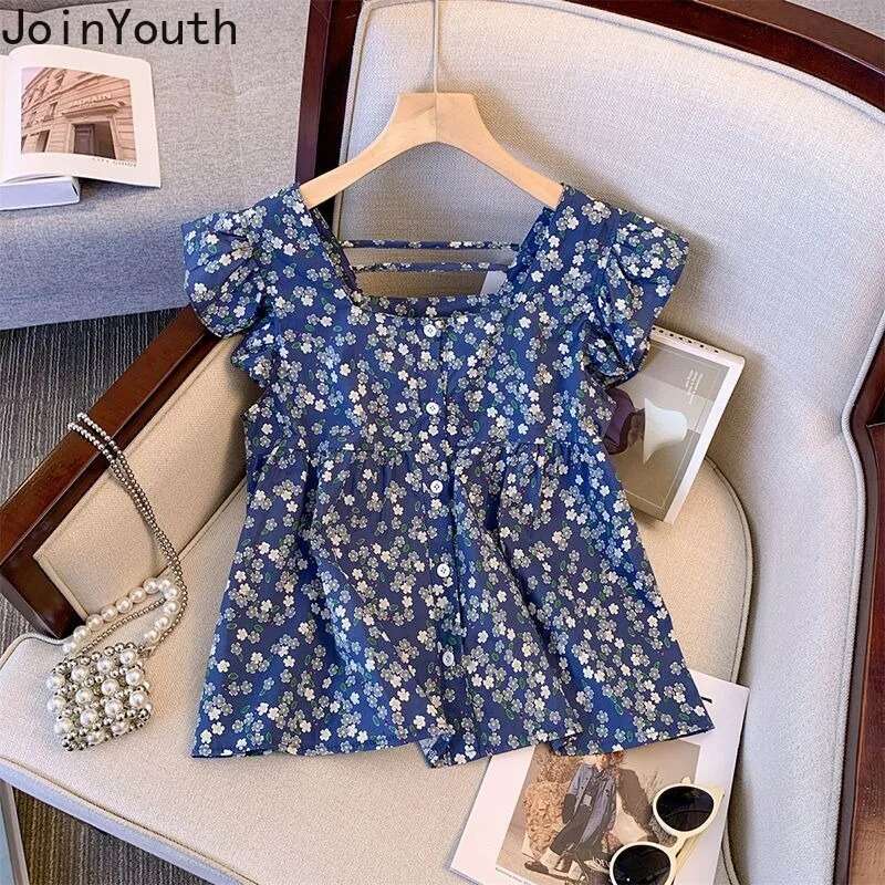 Korean Sweet Women Shirt Square Collar Flying Sleeve Blouses Crop Tops Ruffles Floral Summer Blouse 2025 Camisas De Mujer 27x451