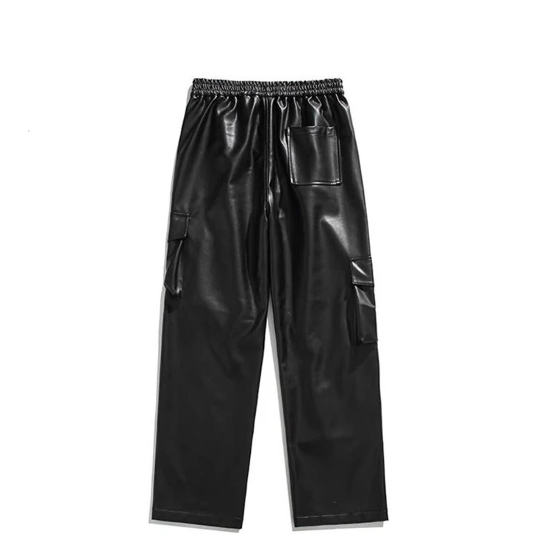 Men Leather Pants Floor Length Cargo Pant Pu Loose Casual Straight Trousers Regular Solid Splice Button Pocket Autumn Winter 250614