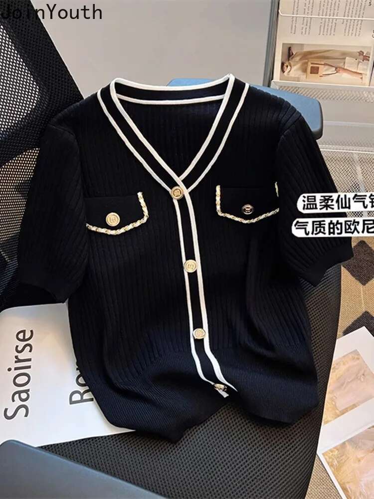V-neck Short Sleeve Knitted Woman Tshirts 2025 Ropa Mujer Single Breasted Tunic Summer Tees Casual Fashion Korean White T Shirt