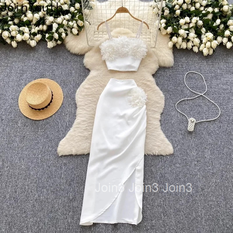 Women Clothing Skirt Suit Two Piece Set 3D Floral Sexy Vest High Waist Irregular Bodycon Skirts Outfits Temperament Summer Sets