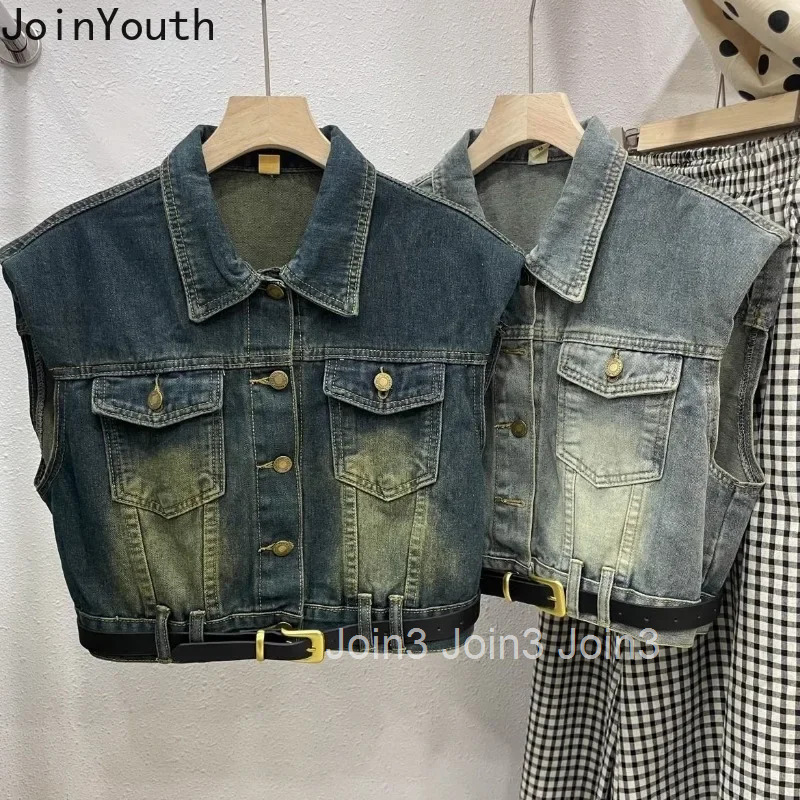 Vintage Sleeveless Women Denim Vest Jackets 2025 Ropa Mujer Fashion Streetwear Waistcoat Crop Tops Casual Fashion Tanks 7m017